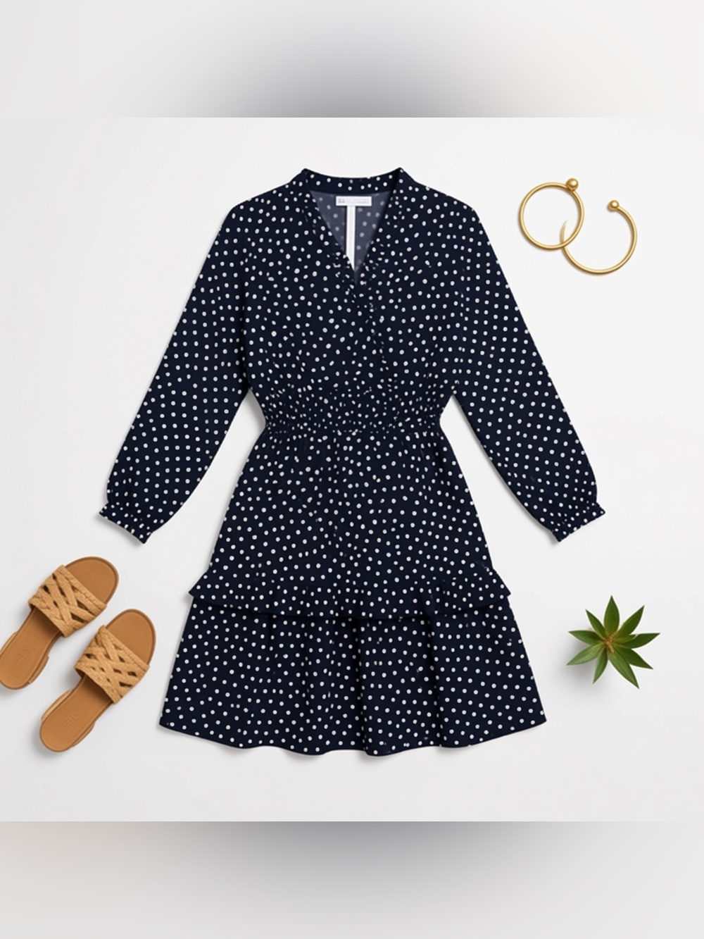 Emma & Michele Navy and White Polka Dot Long Sleeve Dress-Size Small